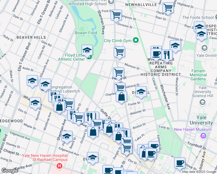 map of restaurants, bars, coffee shops, grocery stores, and more near 725 Orchard Street in New Haven