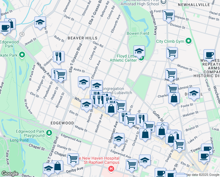 map of restaurants, bars, coffee shops, grocery stores, and more near 566 Winthrop Avenue in New Haven