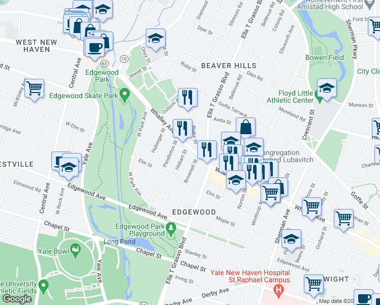 map of restaurants, bars, coffee shops, grocery stores, and more near 551 Whalley Avenue in New Haven