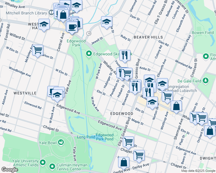 map of restaurants, bars, coffee shops, grocery stores, and more near 112 Hubinger Street in New Haven