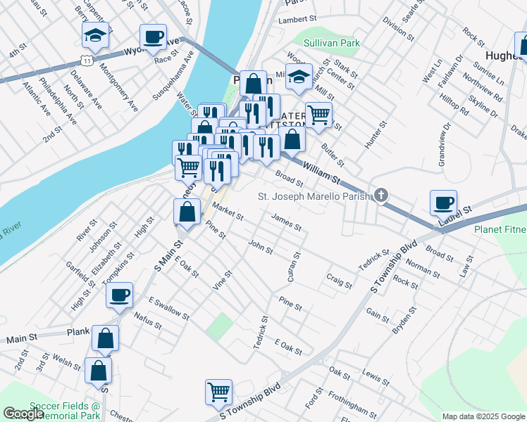 map of restaurants, bars, coffee shops, grocery stores, and more near 113 Broad Street in Pittston