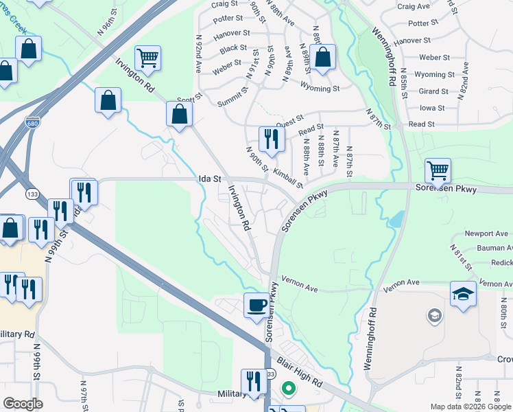 map of restaurants, bars, coffee shops, grocery stores, and more near 9007 Mary Plaza in Omaha
