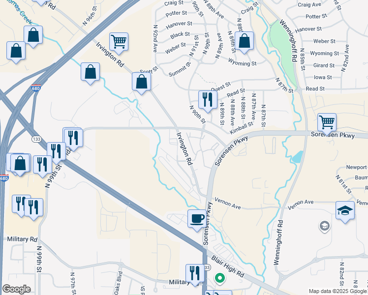 map of restaurants, bars, coffee shops, grocery stores, and more near 9007 Mary Plaza in Omaha
