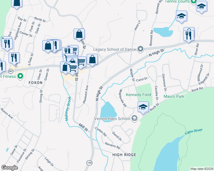 map of restaurants, bars, coffee shops, grocery stores, and more near 1225 North High Street in East Haven