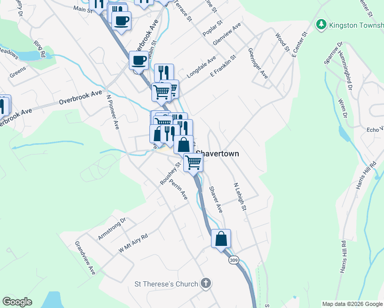 map of restaurants, bars, coffee shops, grocery stores, and more near 142-144 South Main Street in Shavertown
