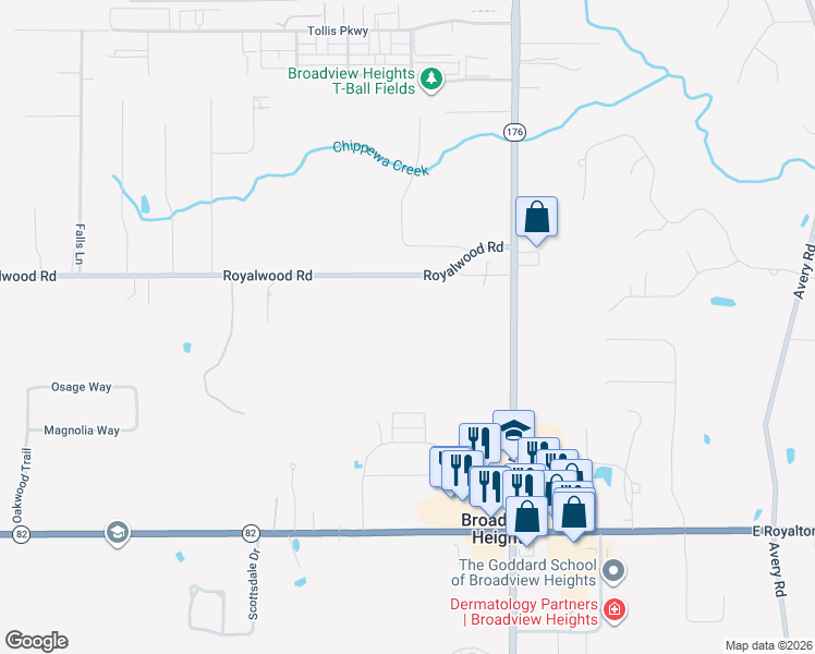 map of restaurants, bars, coffee shops, grocery stores, and more near 1263 Royalwood Road in Broadview Heights