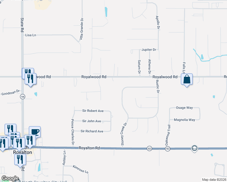 map of restaurants, bars, coffee shops, grocery stores, and more near 13780 Stoney Creek Drive in North Royalton