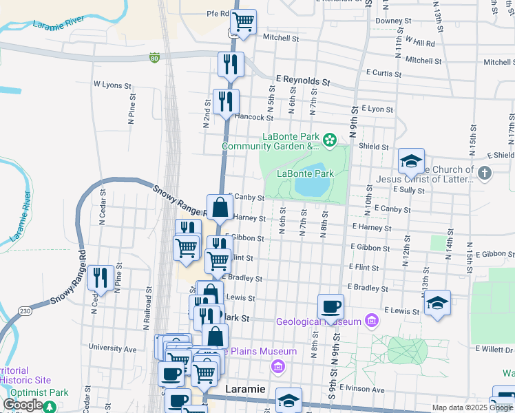 map of restaurants, bars, coffee shops, grocery stores, and more near 866 North 5th Street in Laramie