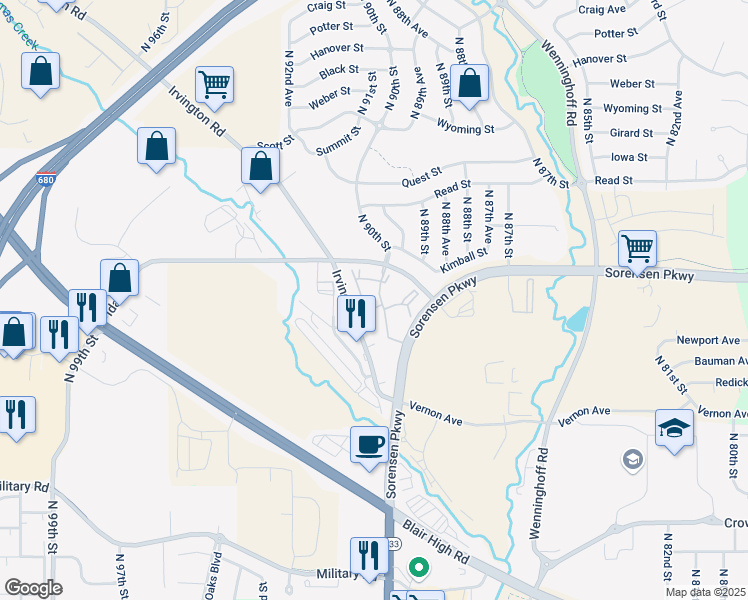 map of restaurants, bars, coffee shops, grocery stores, and more near 6704 North 90th Plaza in Omaha