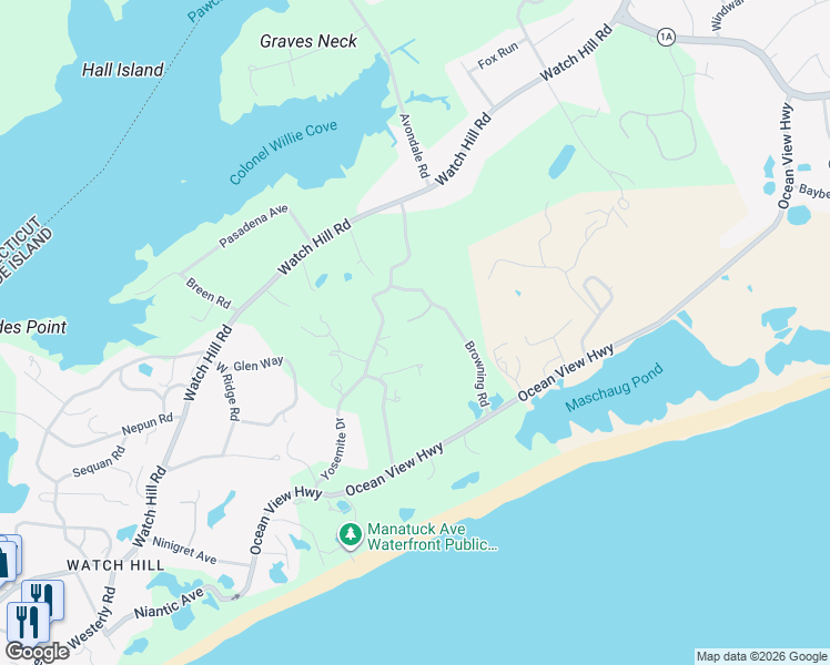 map of restaurants, bars, coffee shops, grocery stores, and more near 20 Browning Road in Westerly