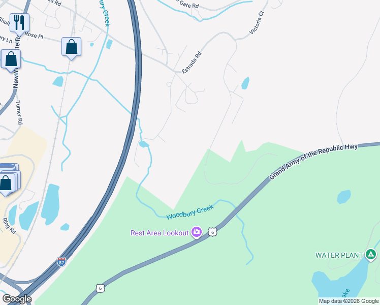 map of restaurants, bars, coffee shops, grocery stores, and more near 300 Estrada Road in Woodbury