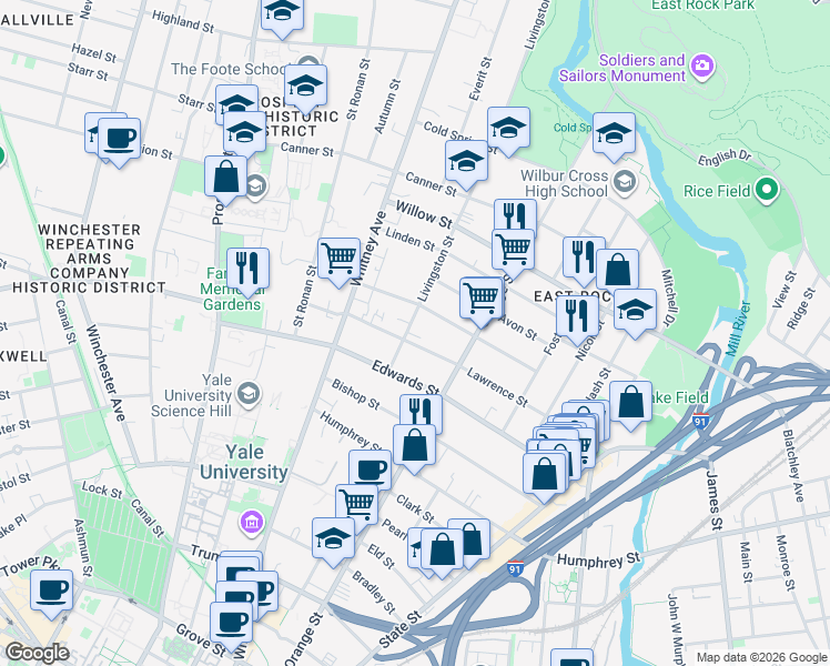 map of restaurants, bars, coffee shops, grocery stores, and more near 41 Livingston Street in New Haven