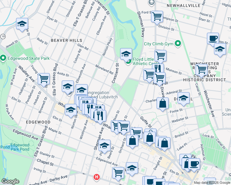 map of restaurants, bars, coffee shops, grocery stores, and more near 344 Goffe Street in New Haven