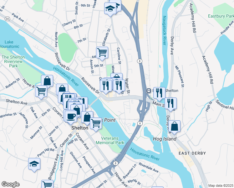 map of restaurants, bars, coffee shops, grocery stores, and more near 2 3rd Street in Derby