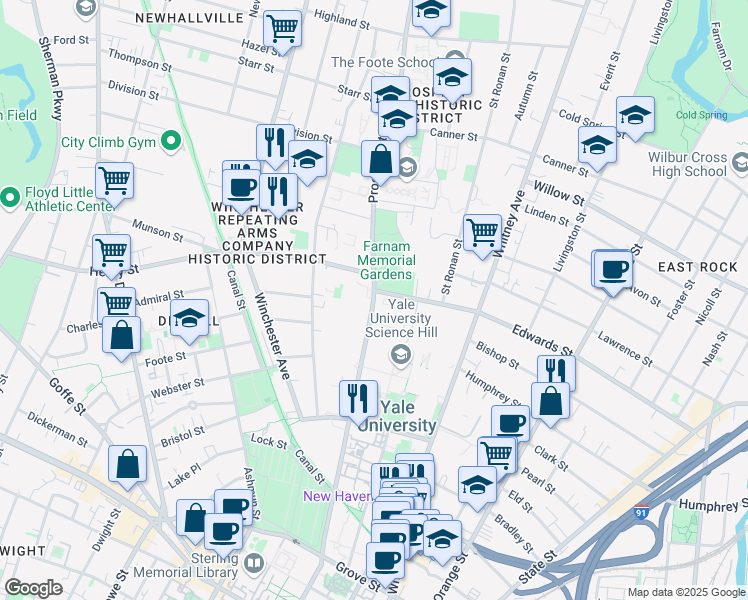 map of restaurants, bars, coffee shops, grocery stores, and more near 285 Prospect Street in New Haven