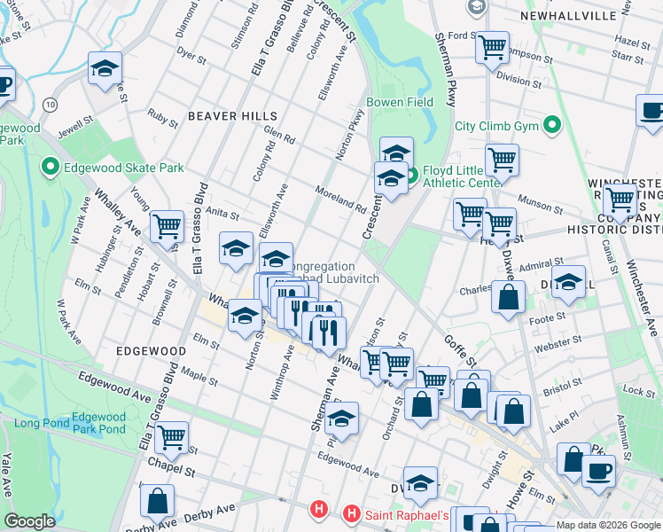 map of restaurants, bars, coffee shops, grocery stores, and more near 559 Winthrop Avenue in New Haven