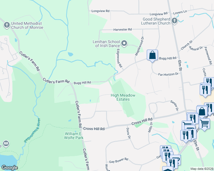 map of restaurants, bars, coffee shops, grocery stores, and more near 133 Bugg Hill Road in Monroe