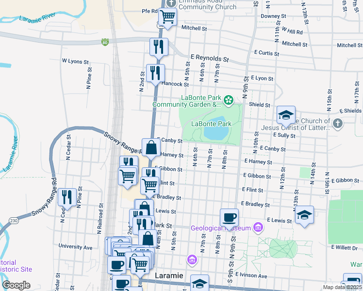 map of restaurants, bars, coffee shops, grocery stores, and more near 506 East Canby Street in Laramie