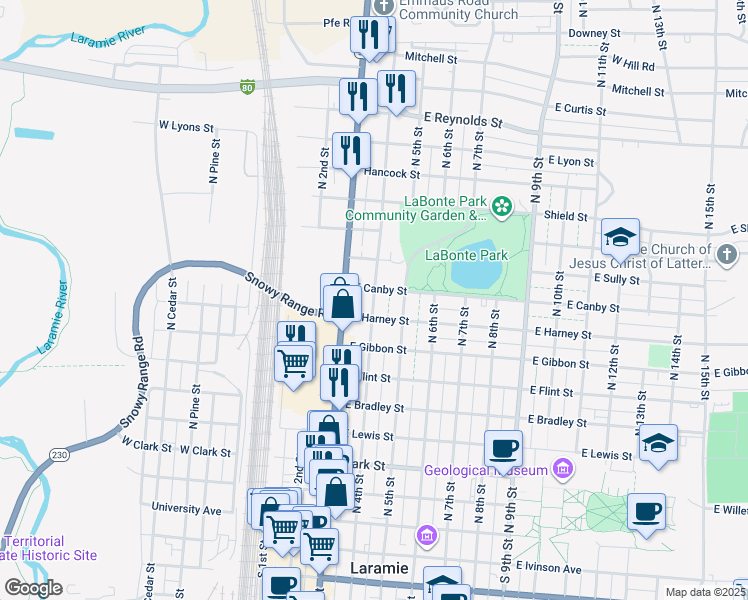 map of restaurants, bars, coffee shops, grocery stores, and more near 869 North 4th Street in Laramie