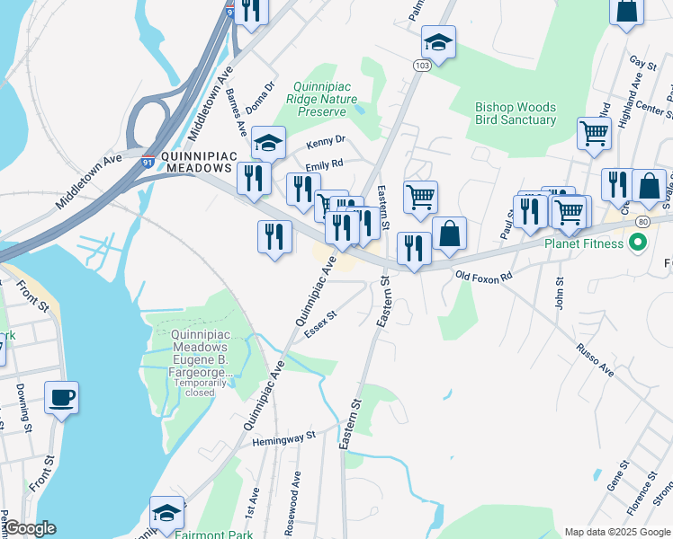 map of restaurants, bars, coffee shops, grocery stores, and more near 1228 Quinnipiac Avenue in New Haven