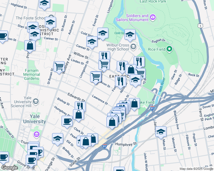 map of restaurants, bars, coffee shops, grocery stores, and more near 51 Avon Street in New Haven