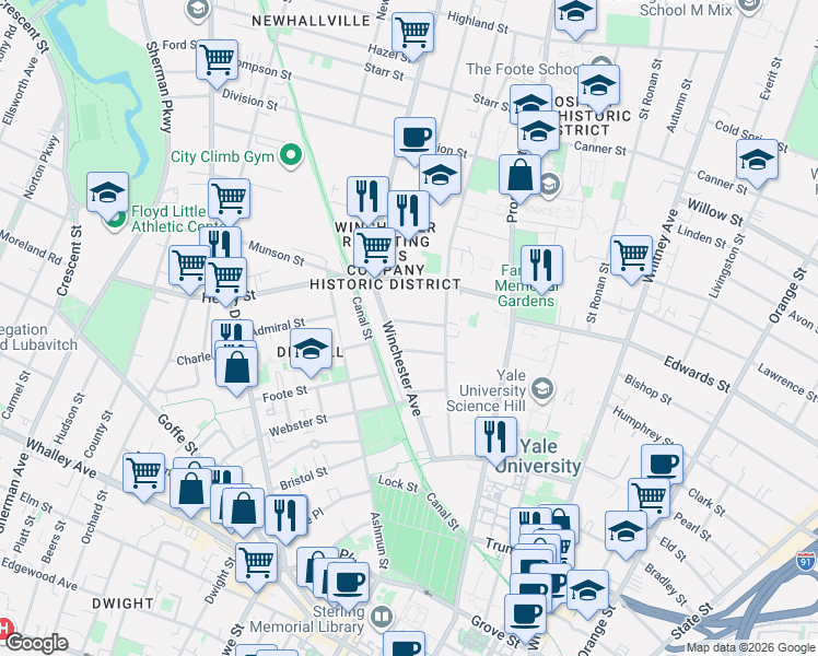 map of restaurants, bars, coffee shops, grocery stores, and more near 27 Tilton Street in New Haven