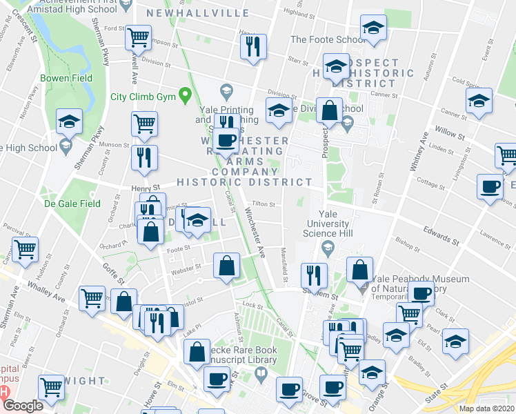 map of restaurants, bars, coffee shops, grocery stores, and more near 27 Tilton Street in New Haven