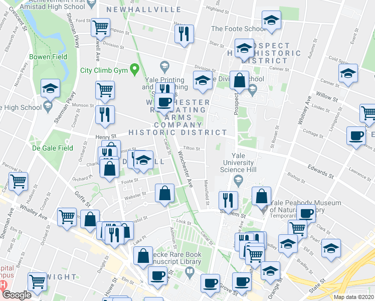 map of restaurants, bars, coffee shops, grocery stores, and more near 38 Tilton Street in New Haven