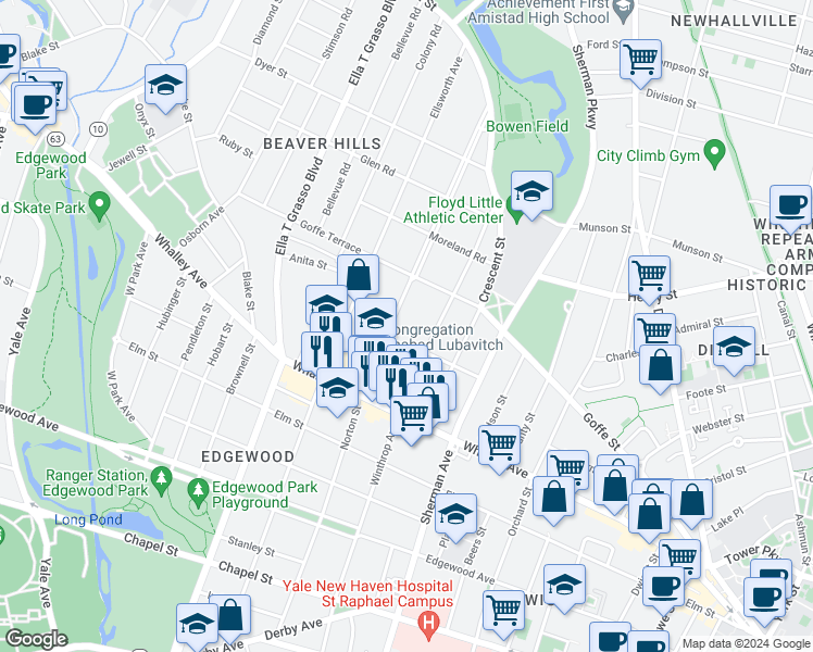 map of restaurants, bars, coffee shops, grocery stores, and more near 566 Winthrop Avenue in New Haven