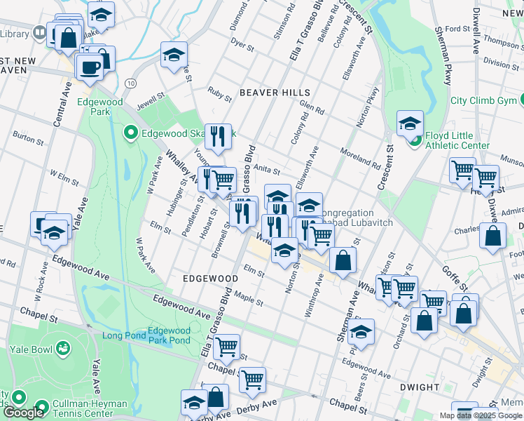 map of restaurants, bars, coffee shops, grocery stores, and more near 461 Whalley Avenue in New Haven