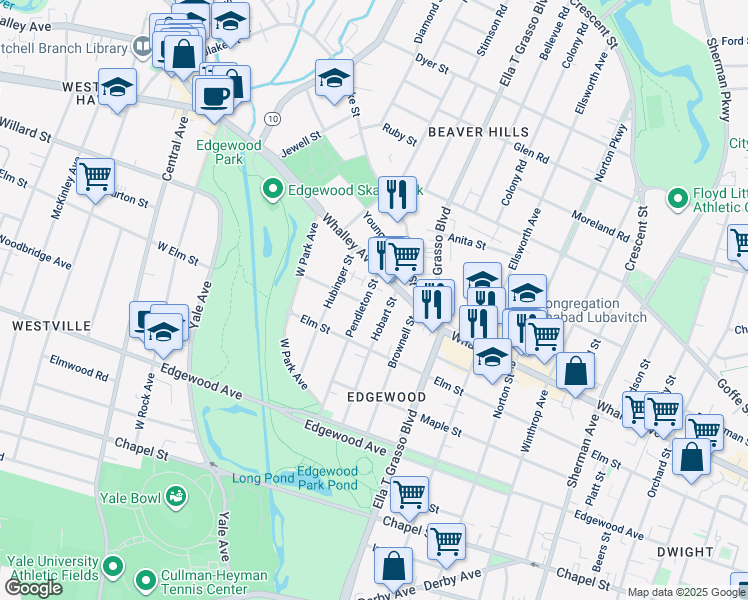 map of restaurants, bars, coffee shops, grocery stores, and more near 142 Pendleton Street in New Haven