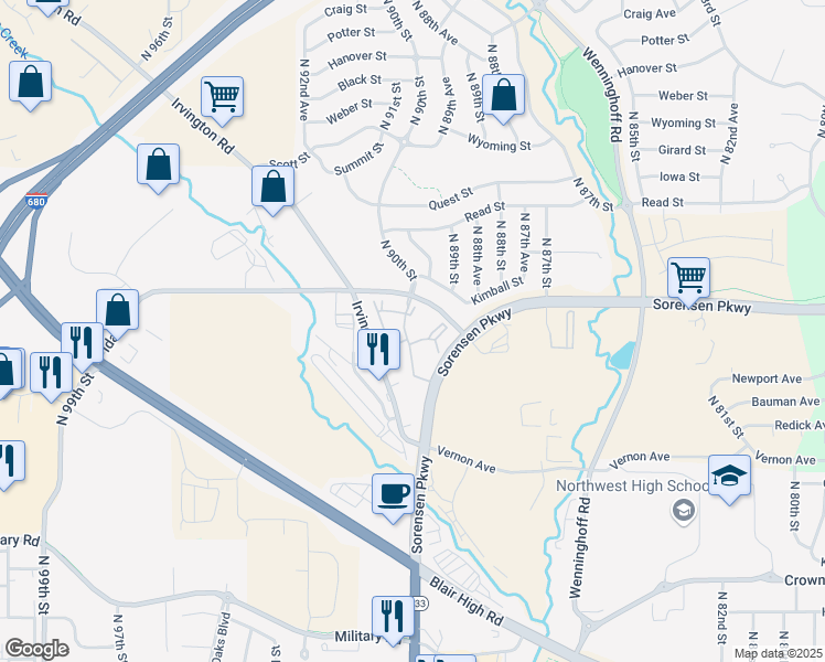 map of restaurants, bars, coffee shops, grocery stores, and more near 6704 North 90th Plaza in Omaha