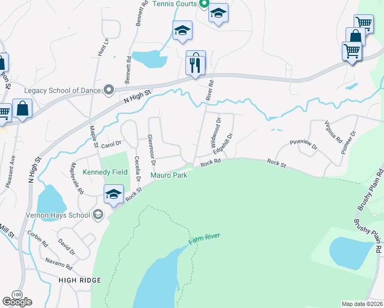 map of restaurants, bars, coffee shops, grocery stores, and more near 13 River Road in East Haven
