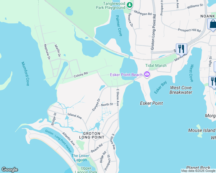 map of restaurants, bars, coffee shops, grocery stores, and more near 1527 Groton Long Point Road in Groton