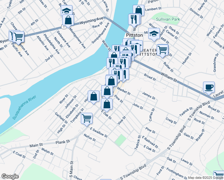 map of restaurants, bars, coffee shops, grocery stores, and more near 109 South Main Street in Inkerman
