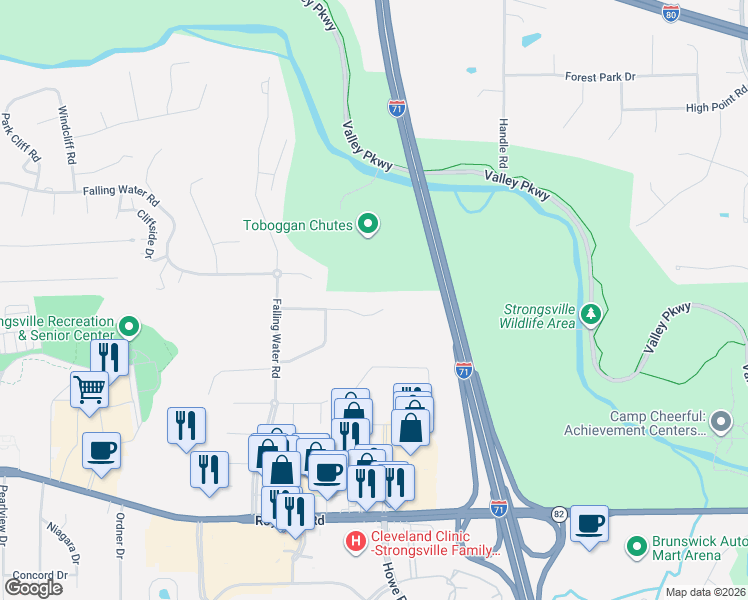 map of restaurants, bars, coffee shops, grocery stores, and more near 16892 Woodleaf Road in Strongsville