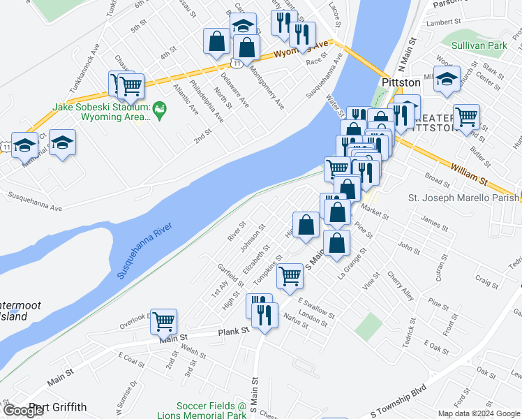 map of restaurants, bars, coffee shops, grocery stores, and more near 60 River Street in Pittston