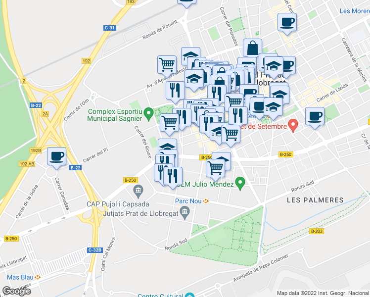 map of restaurants, bars, coffee shops, grocery stores, and more near 5 Carrer de Montjuïc in El Prat de Llobregat
