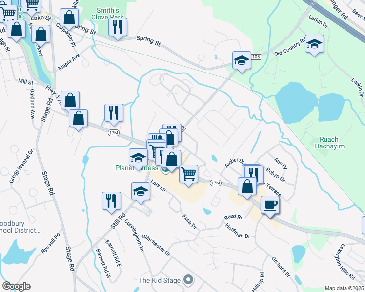 map of restaurants, bars, coffee shops, grocery stores, and more near Kenny Drive in Monroe