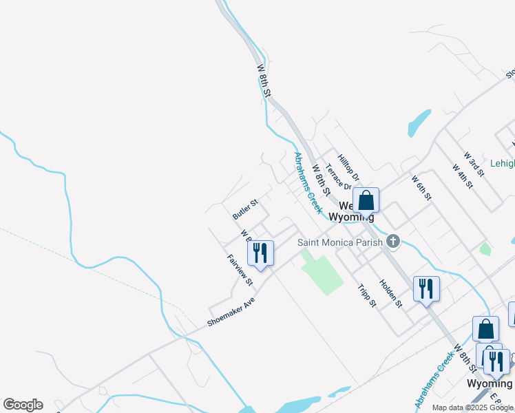map of restaurants, bars, coffee shops, grocery stores, and more near 115 Butler Street in West Wyoming