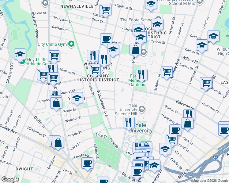 map of restaurants, bars, coffee shops, grocery stores, and more near in New Haven