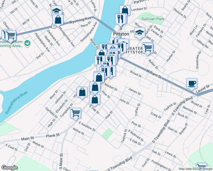 map of restaurants, bars, coffee shops, grocery stores, and more near 82 South Main Street in Pittston