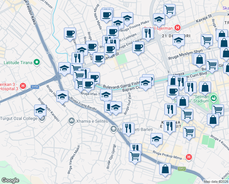 map of restaurants, bars, coffee shops, grocery stores, and more near Bulevardi Bajram Curri in Tiranë