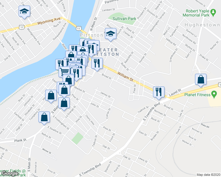 map of restaurants, bars, coffee shops, grocery stores, and more near 107-1/2 Broad Street in Pittston