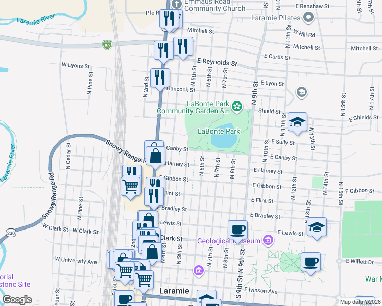 map of restaurants, bars, coffee shops, grocery stores, and more near 506 East Canby Street in Laramie