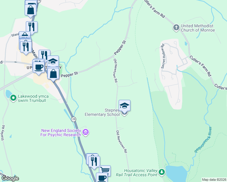 map of restaurants, bars, coffee shops, grocery stores, and more near 223 Old Newtown Road in Monroe