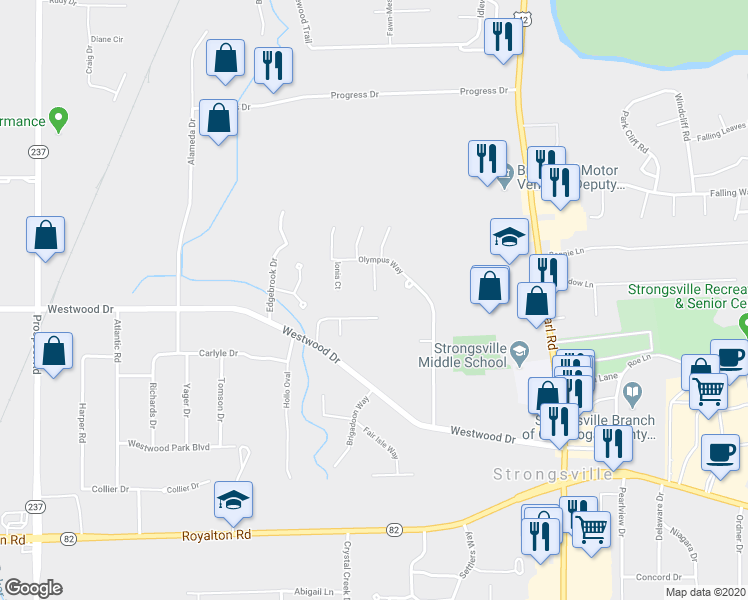 map of restaurants, bars, coffee shops, grocery stores, and more near 12772 Doria Court in Strongsville