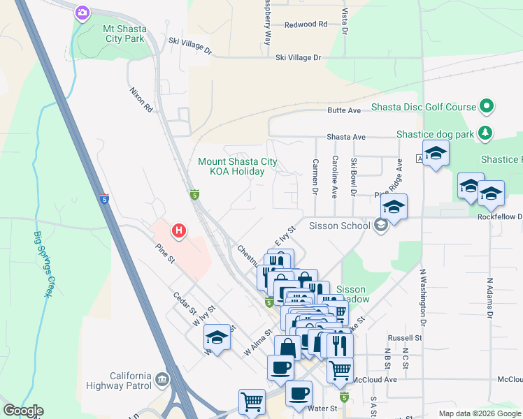 map of restaurants, bars, coffee shops, grocery stores, and more near 216 East Hinckley Street in Mount Shasta