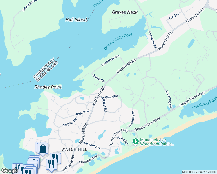 map of restaurants, bars, coffee shops, grocery stores, and more near 201 Watch Hill Road in Westerly