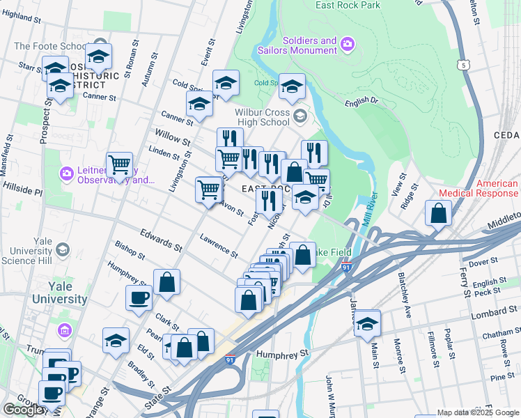 map of restaurants, bars, coffee shops, grocery stores, and more near 14 Linden Street in New Haven